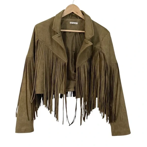 Western Faux Suede Fringe Jacket Cropped Brown Boho Festival Veveret M - Picture 2 of 8